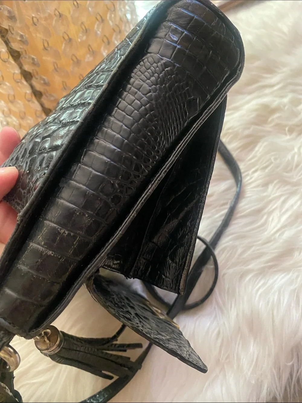Brahmin - vintage Black Croc-Embossed Leather Crossbody with Tassel